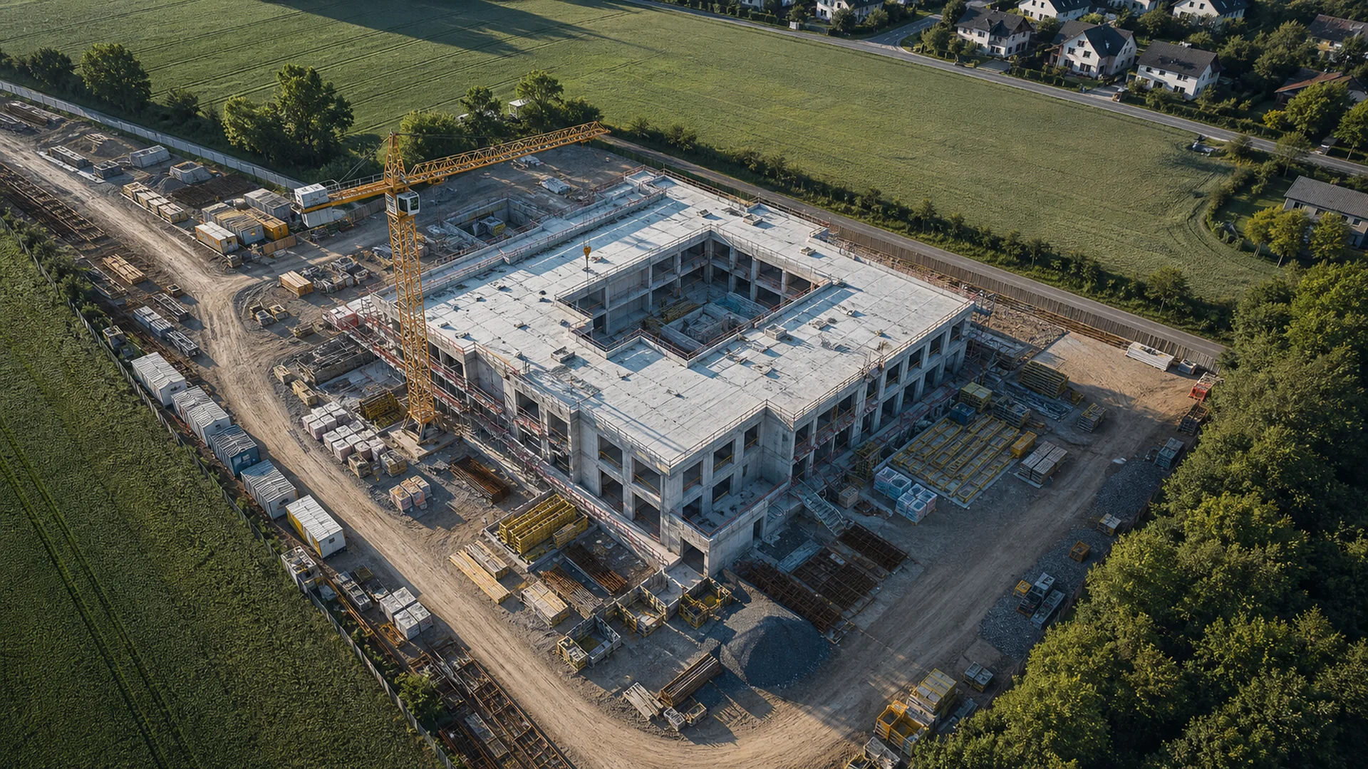 KI-generierte Beispielvisualisierung einer fiktiven Baustelle aus der Luft